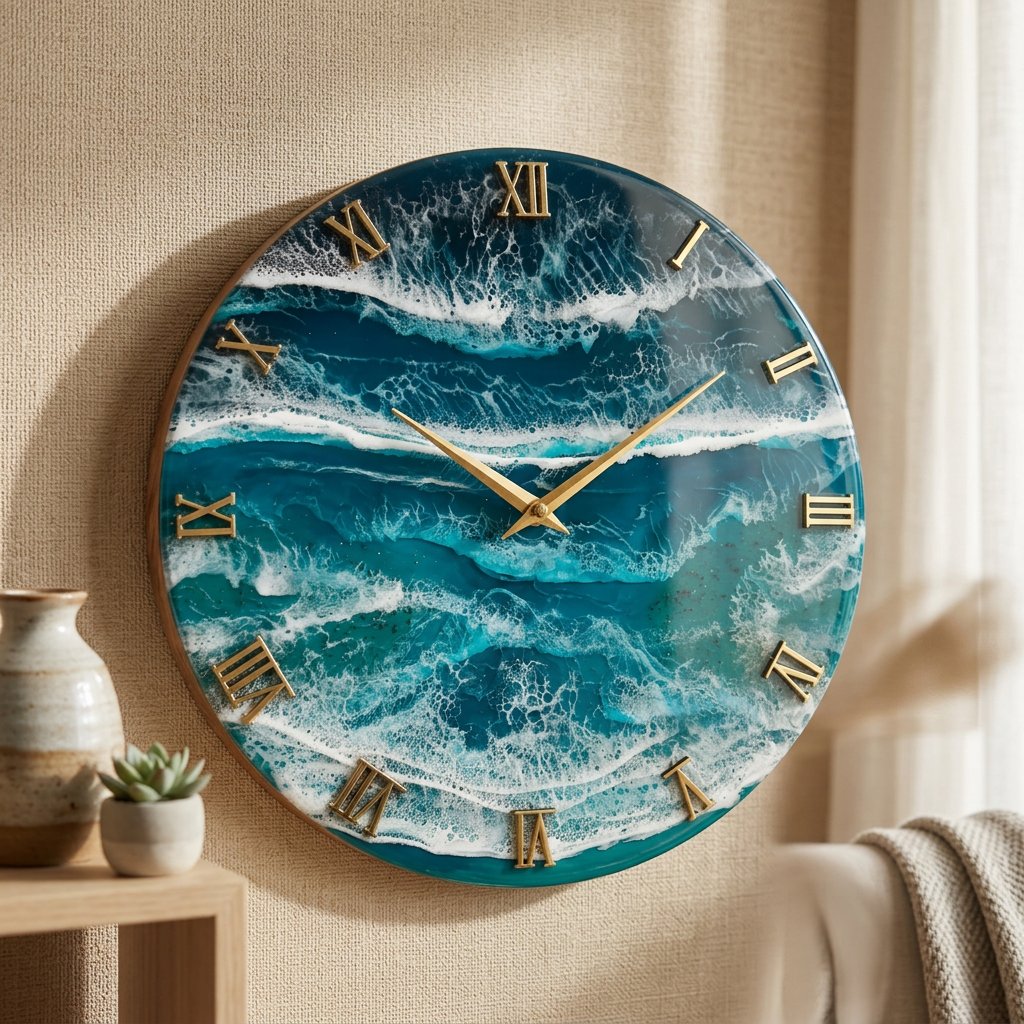 Handmade Ocean Resin Wall Clock with Gold Roman Numerals