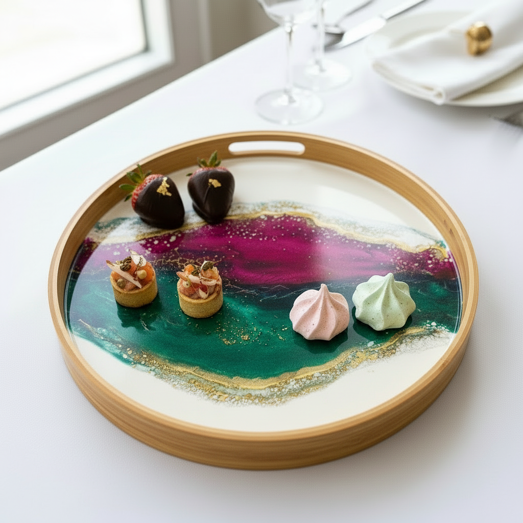 Geode Inspired Bamboo Tray- Peacock Maroon Green