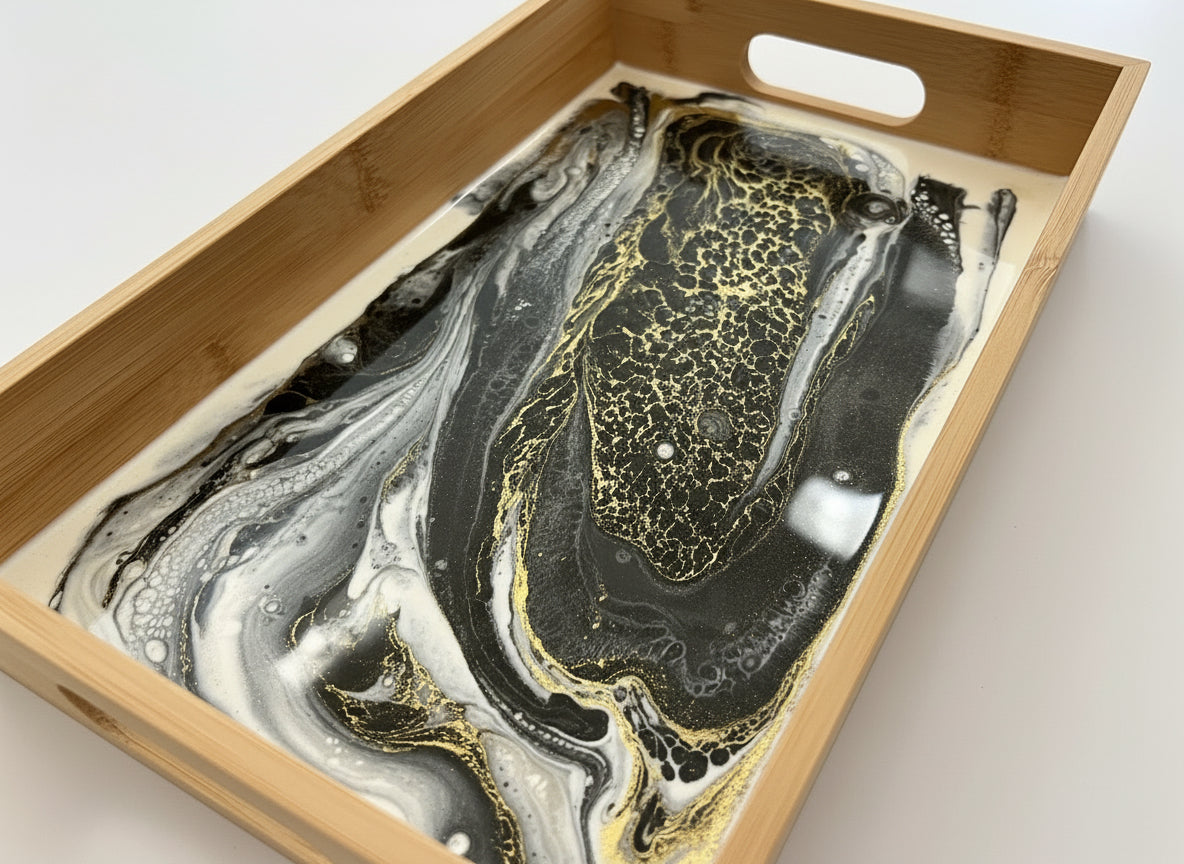 Geode Inspired Bamboo Tray- Shades of Black