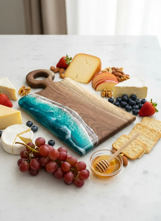 Ocean Current walnut charcuterie board with flowing turquoise resin ocean design
