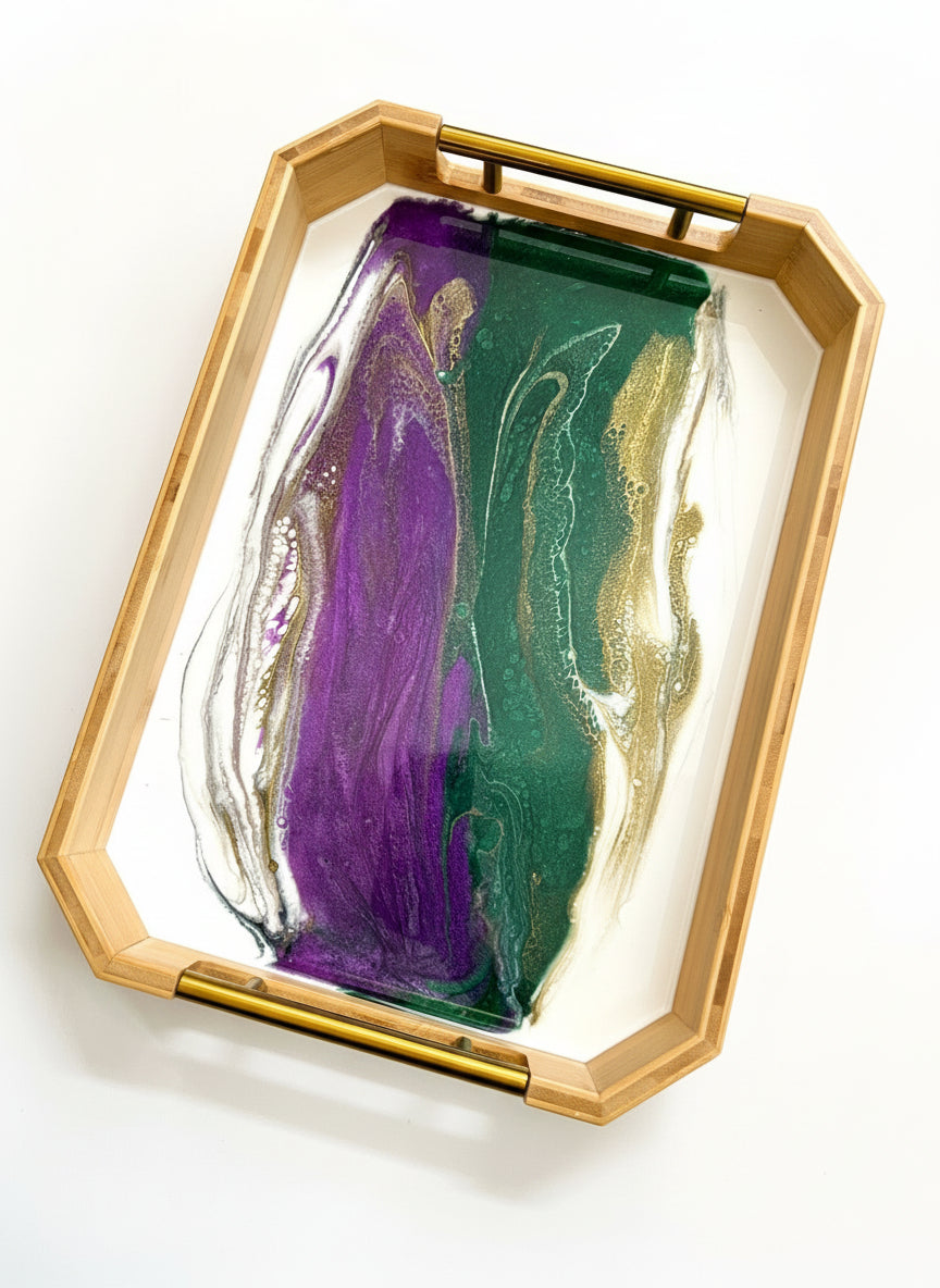 Geode Inspired Large Bamboo Tray - with metal handles