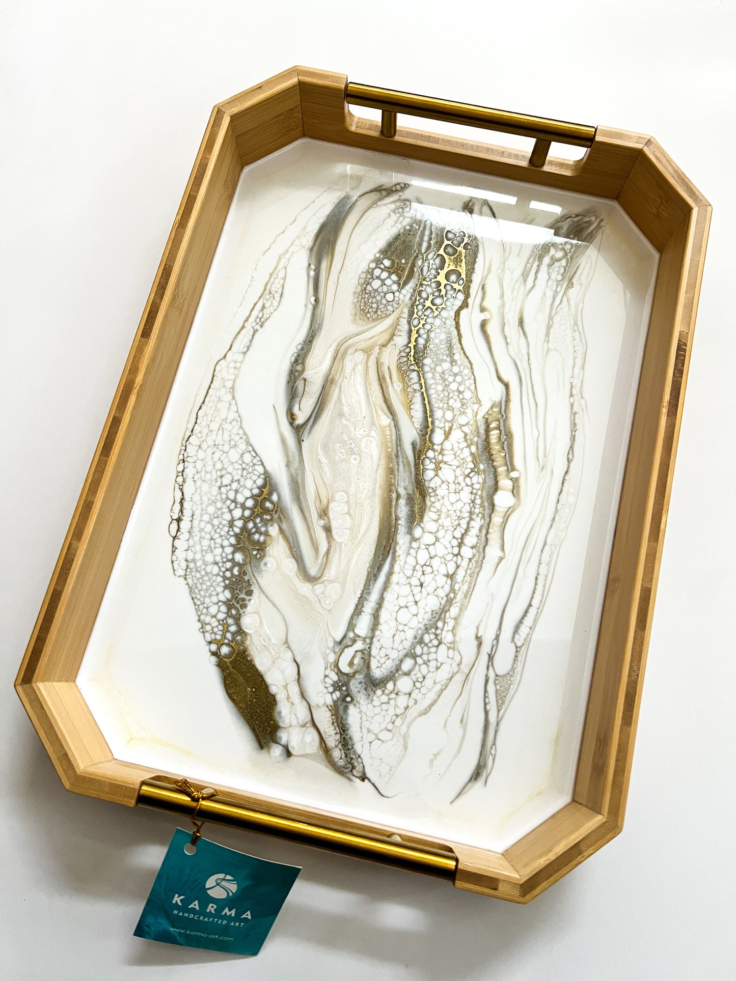 Geode Inspired Large Bamboo Tray - with metal handles