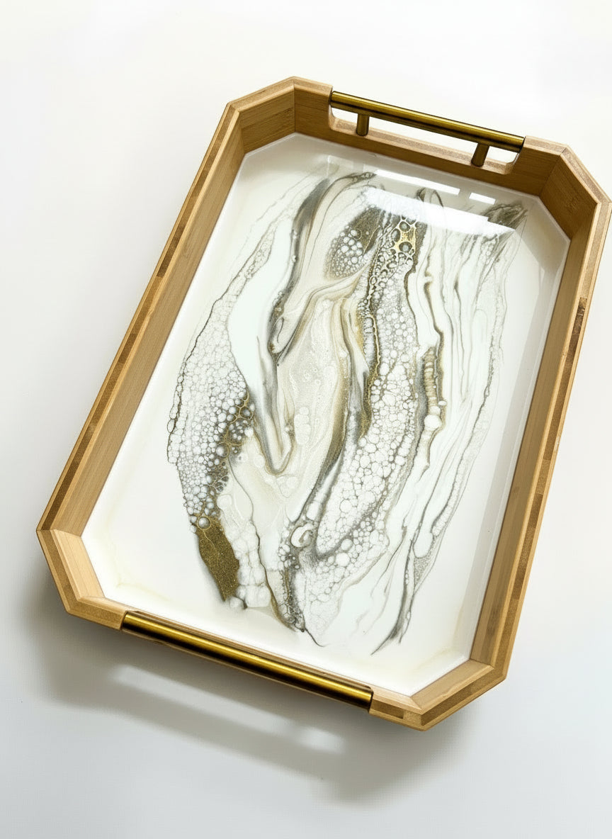 Geode Inspired Large Bamboo Tray - with metal handles