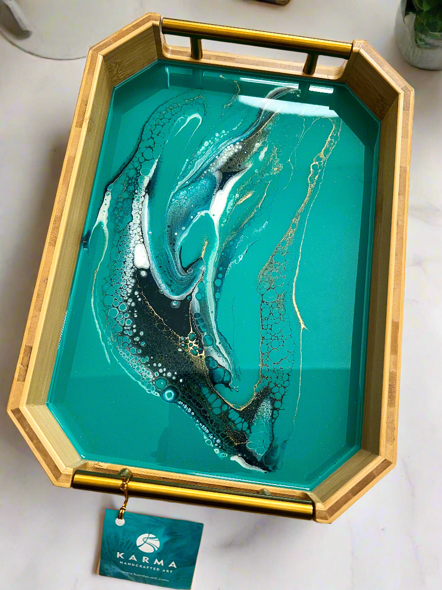 Geode Inspired Bamboo Tray - with metal handles