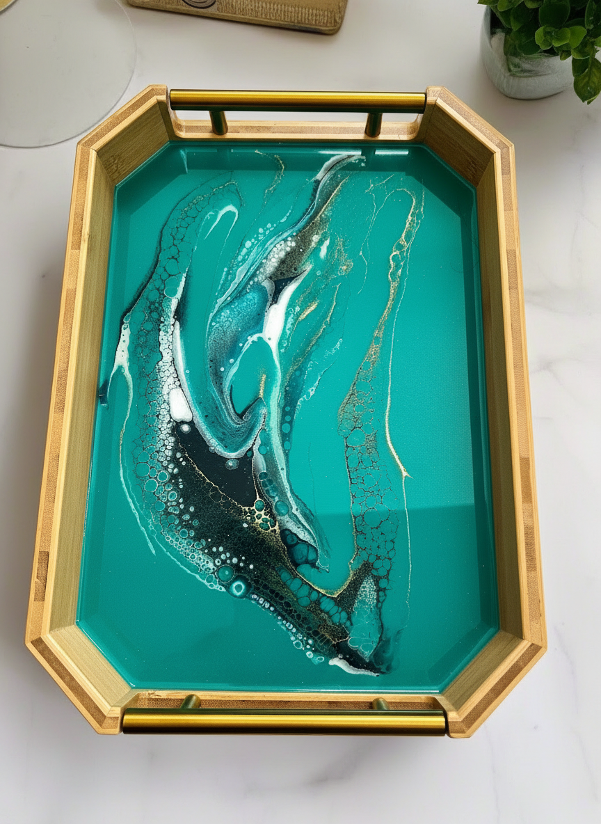 Geode Inspired Bamboo Tray - with metal handles