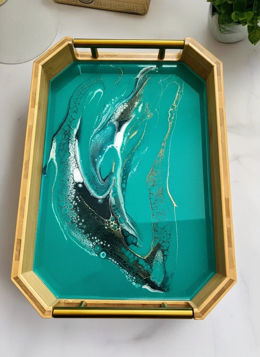 Geode Inspired Resin Serving Tray-with metal handles