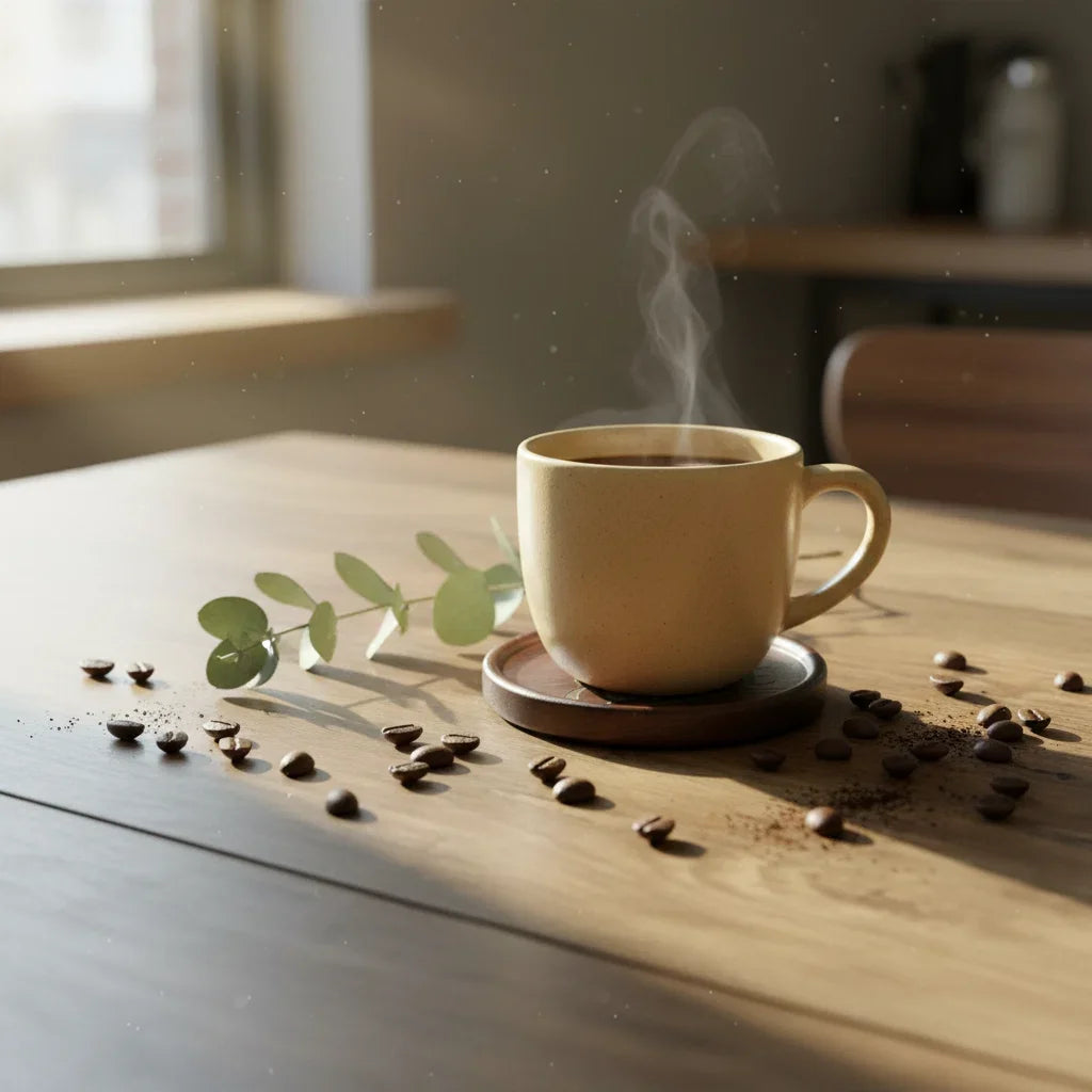 Steaming coffee cup on a wooden table with scattered coffee beans and a leaf.