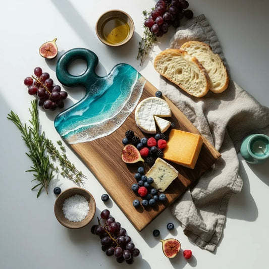 An ocean charcuterie board styled with cheese, fruits and bread on a white countertop