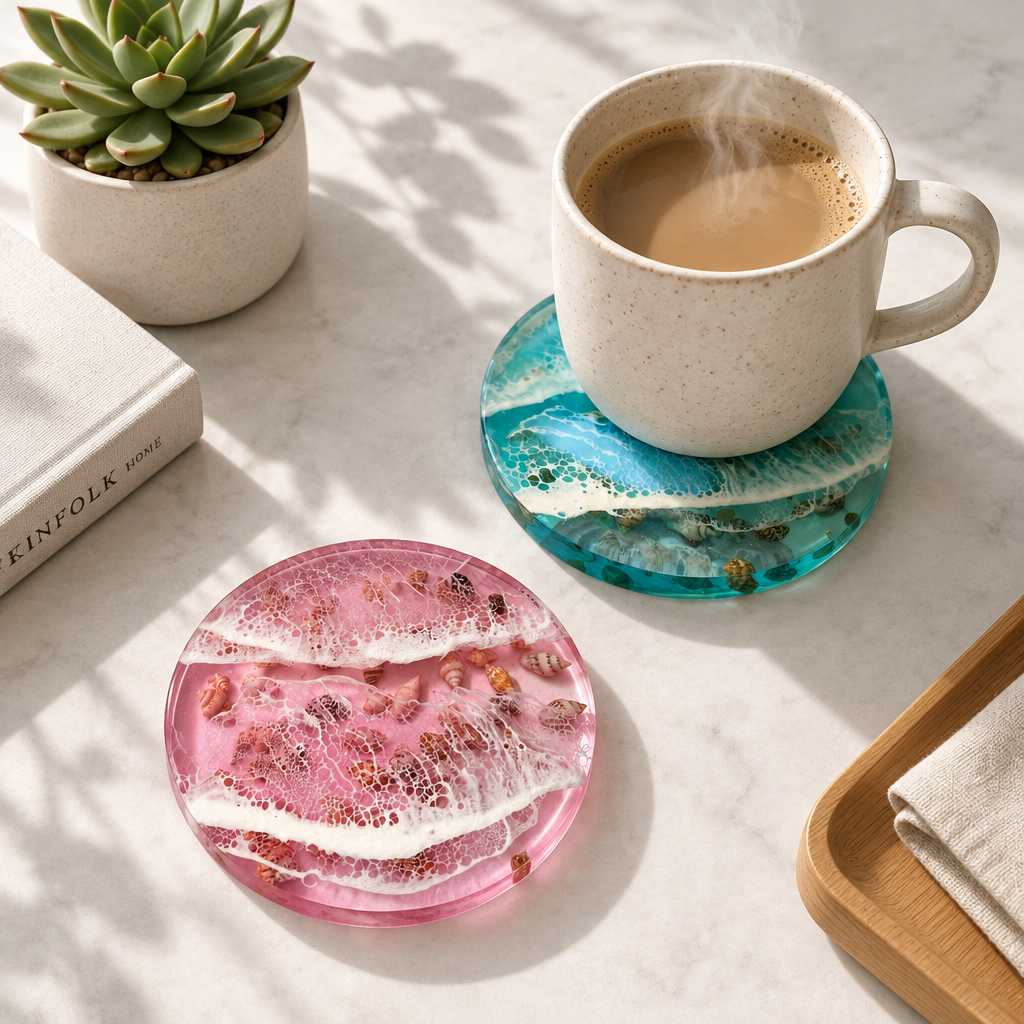 Handcrafted blue and pink ocean coasters with resin waves and seashell details