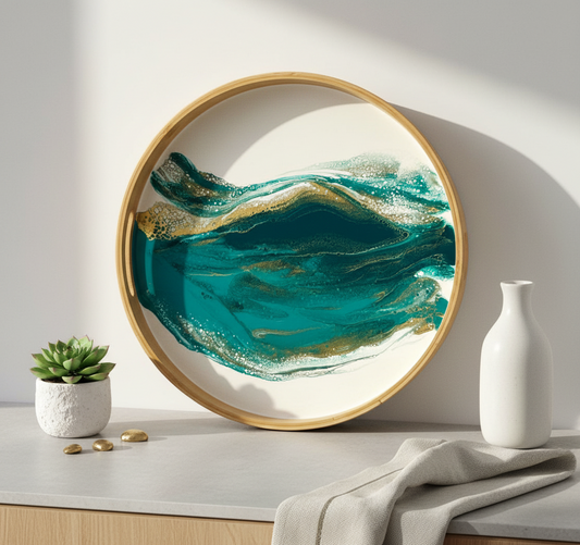 Geode Inspired Bamboo Tray- Teal waves