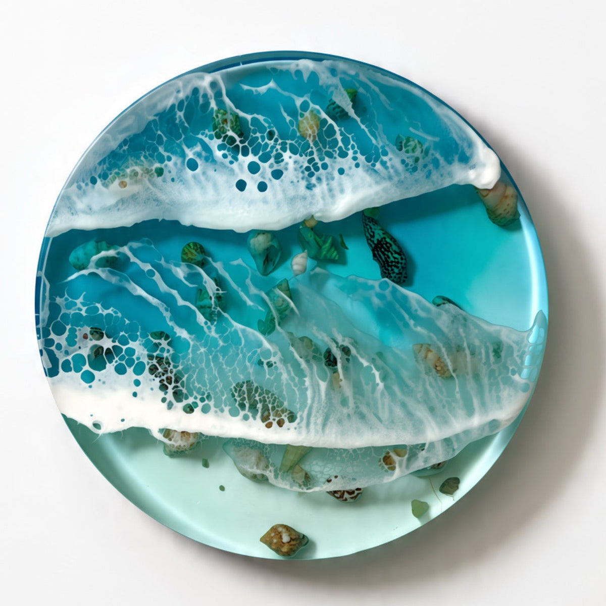 Blue handcrafted ocean coaster with layered resin waves and seashells