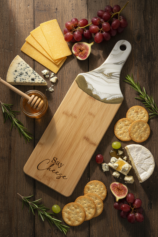 Engraved Bamboo Charcuterie Board – “Say Cheese”