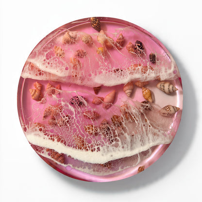 Pink handcrafted ocean coaster with resin ocean waves and seashell details