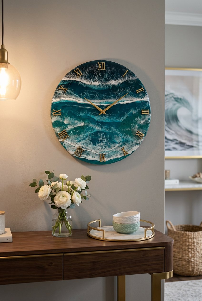 Handmade Ocean Resin Wall Clock with Gold Roman Numerals