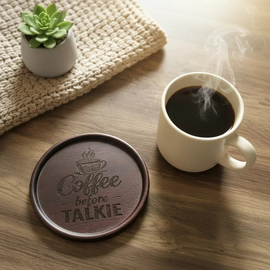 Steaming coffee cup on a wooden table with a coaster and small plant.