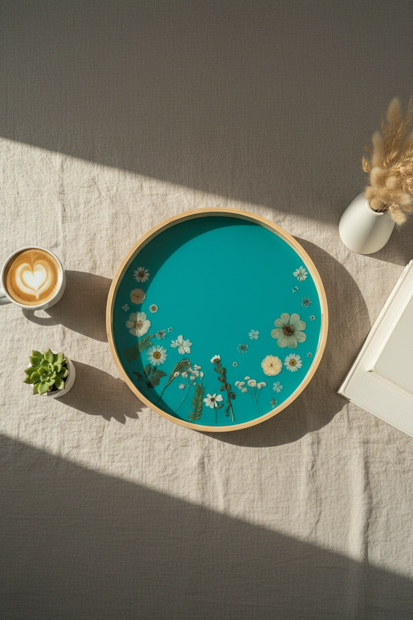 Botanical Resin Serving Tray with Real Flowers – Teal Wooden Decorative Tray