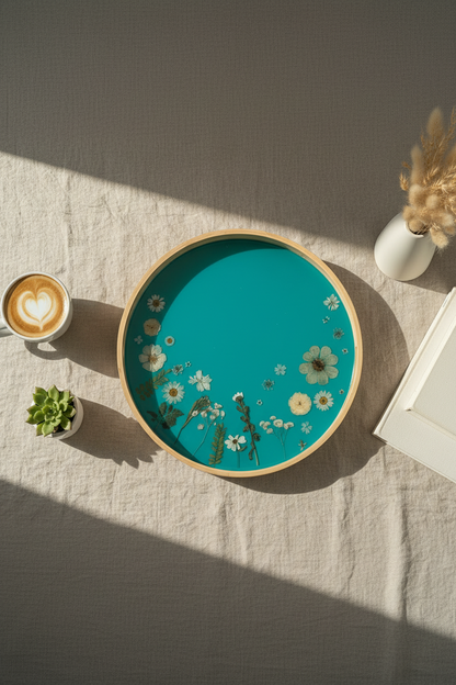 Botanical Resin Serving Tray with Real Flowers – Teal Wooden Decorative Tray