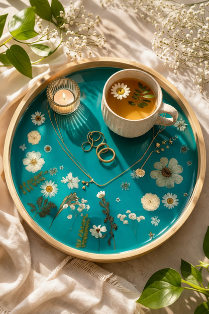 Botanical Resin Serving Tray with Real Flowers – Teal Wooden Decorative Tray