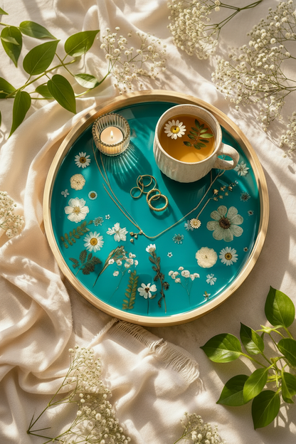 Botanical Resin Serving Tray with Real Flowers – Teal Wooden Decorative Tray