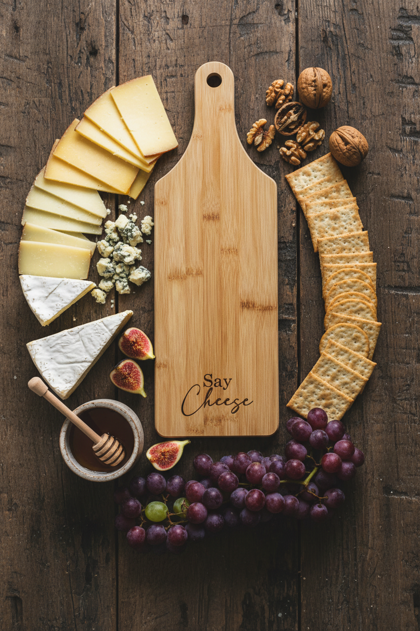 Engraved Bamboo Charcuterie Board – “Say Cheese”