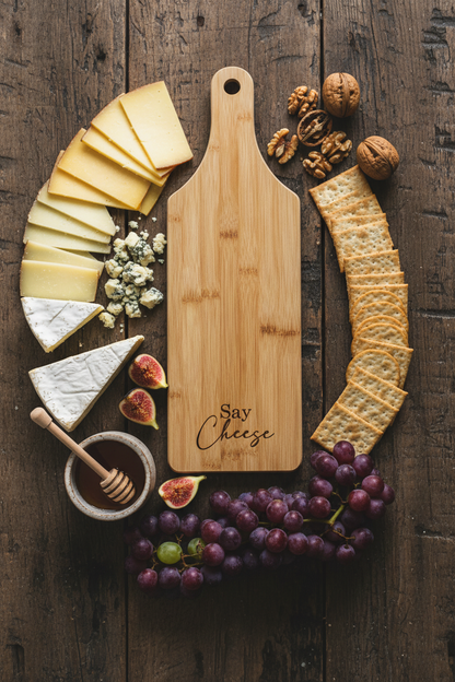 Engraved Bamboo Charcuterie Board – “Say Cheese”