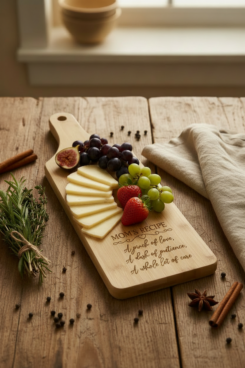 Engraved Bamboo Charcuterie Board – “Mom’s Recipe”