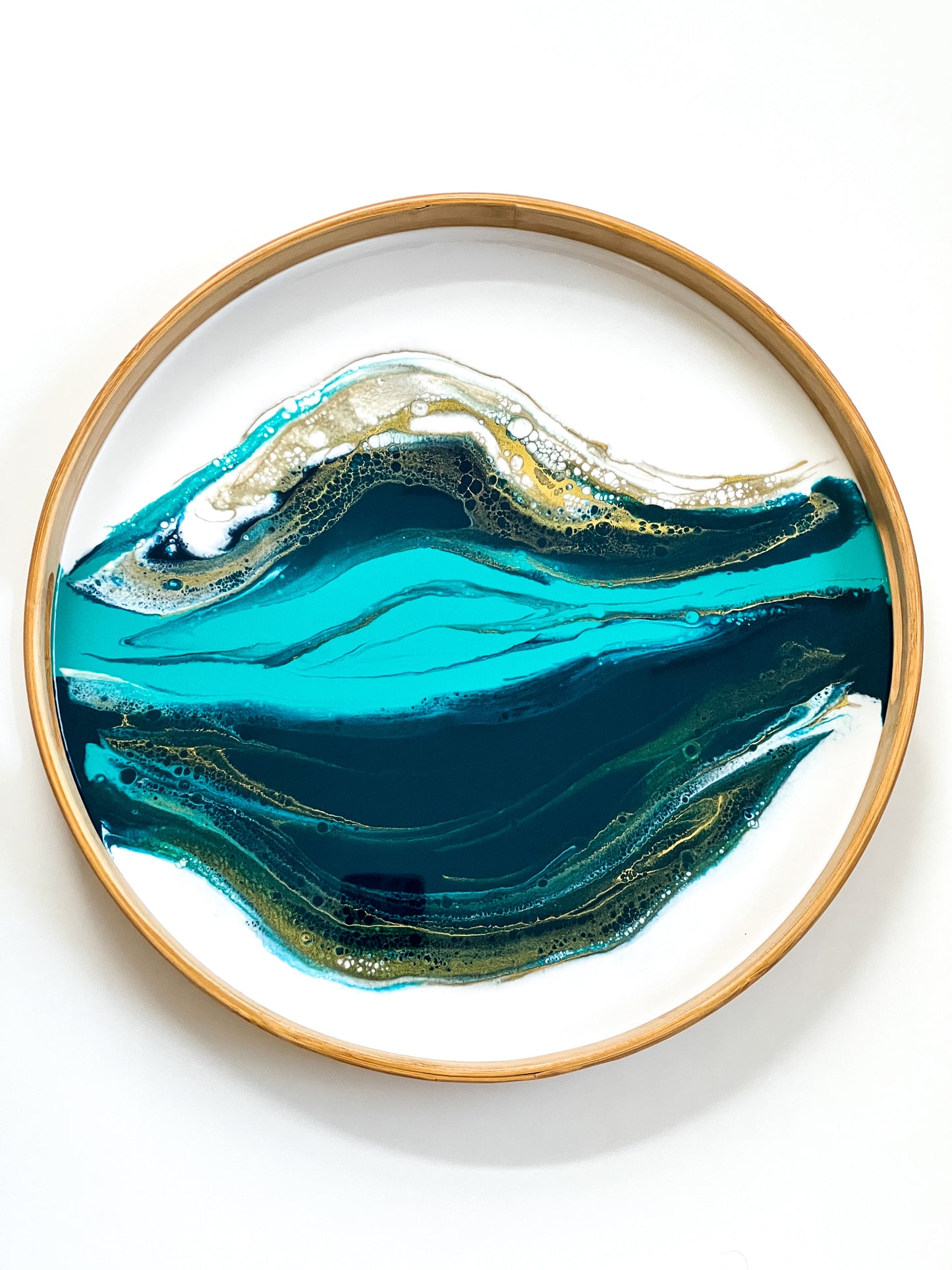 Geode Inspired Bamboo Tray- Teal waves
