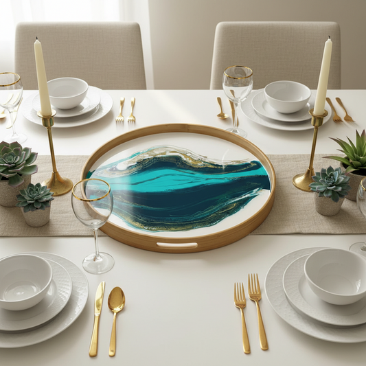 Geode Inspired Bamboo Tray- Teal waves