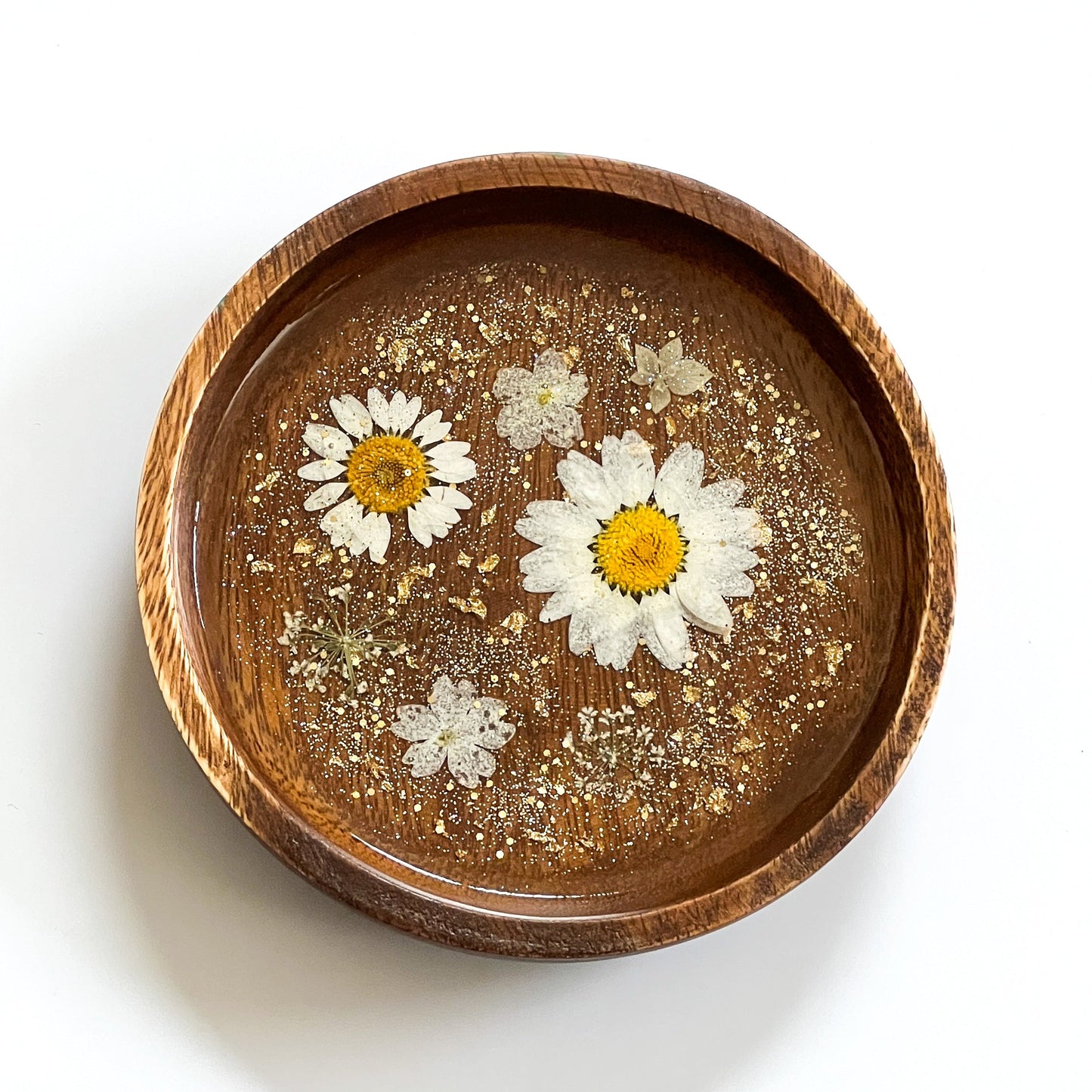 Floral Resin Wooden Trinket Dish — Handcrafted Keepsake Bowl
