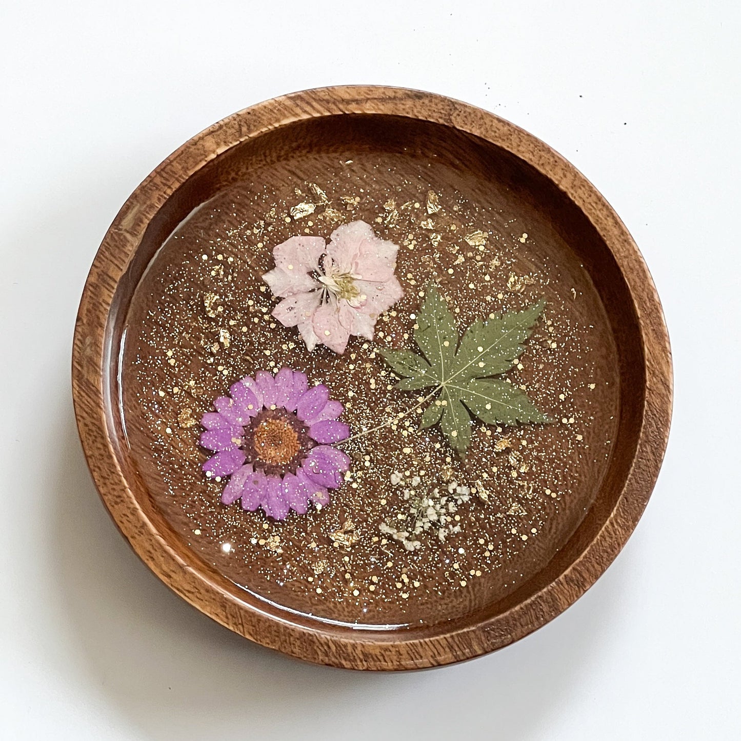 Floral Resin Wooden Trinket Dish — Handcrafted Keepsake Bowl