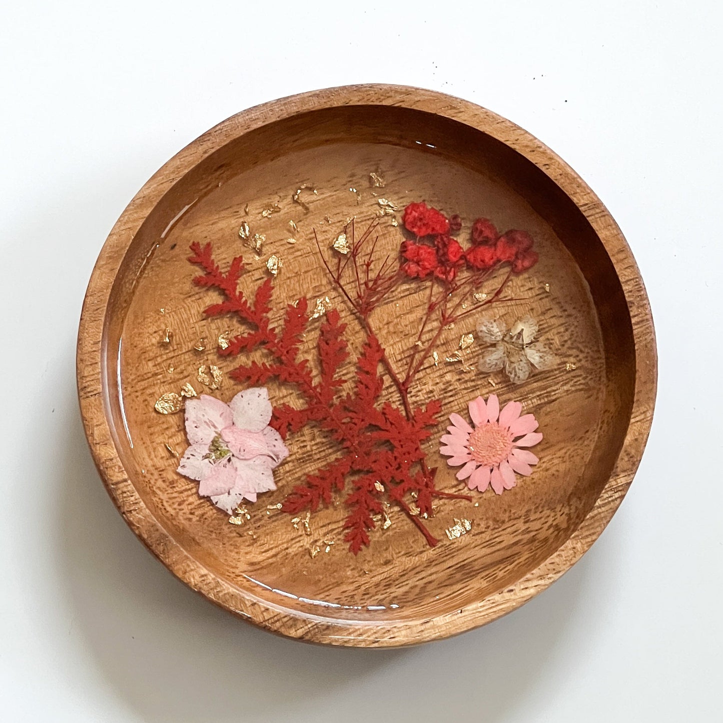 Floral Resin Wooden Trinket Dish — Handcrafted Keepsake Bowl
