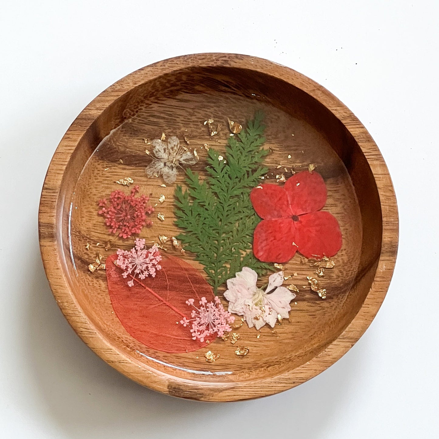 Floral Resin Wooden Trinket Dish — Handcrafted Keepsake Bowl