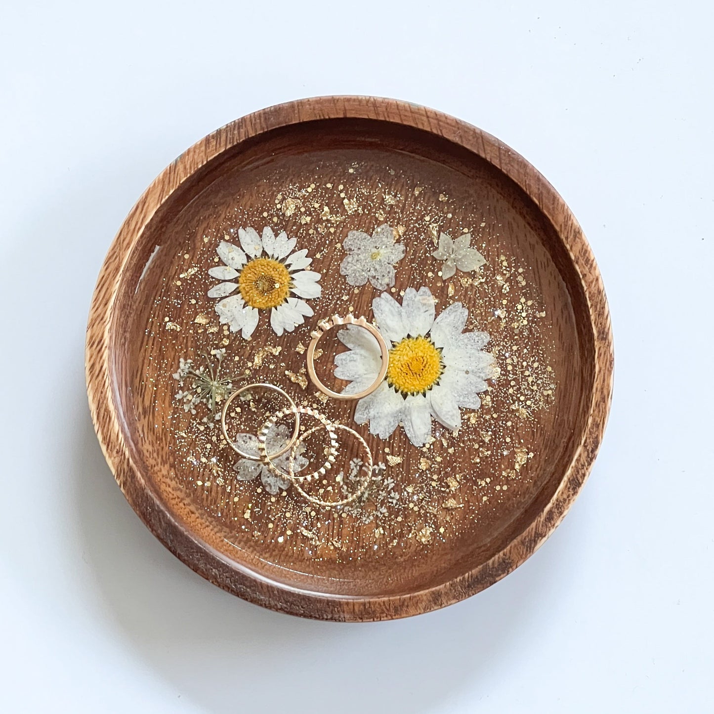 Floral Resin Wooden Trinket Dish — Handcrafted Keepsake Bowl