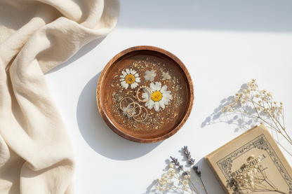 Floral Resin Wooden Trinket Dish — Handcrafted Keepsake Bowl