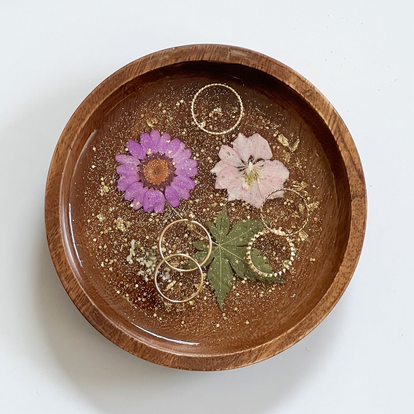 Floral Resin Wooden Trinket Dish — Handcrafted Keepsake Bowl