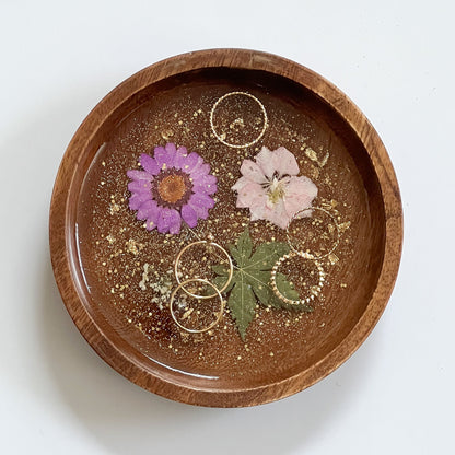 Floral Resin Wooden Trinket Dish — Handcrafted Keepsake Bowl