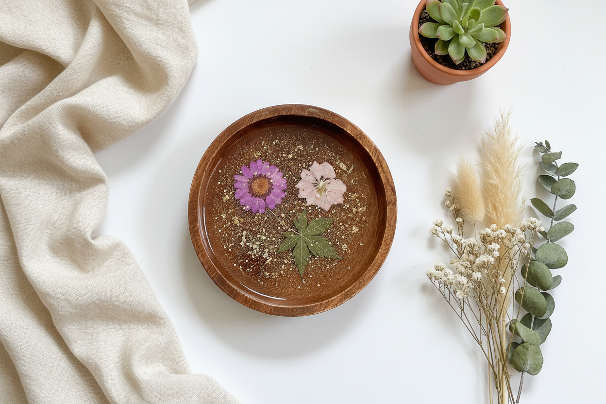 Floral Resin Wooden Trinket Dish — Handcrafted Keepsake Bowl