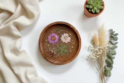 Floral Resin Wooden Trinket Dish — Handcrafted Keepsake Bowl