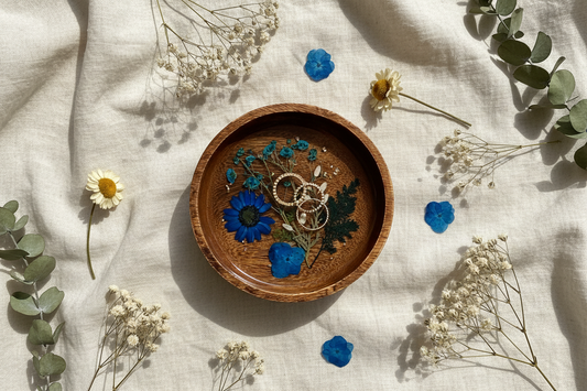 Floral Resin Wooden Trinket Dish — Handcrafted Keepsake Bowl