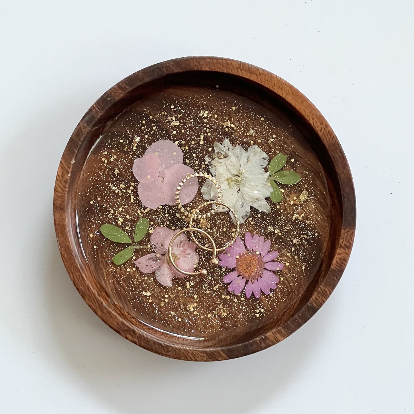 Floral Resin Wooden Trinket Dish — Handcrafted Keepsake Bowl