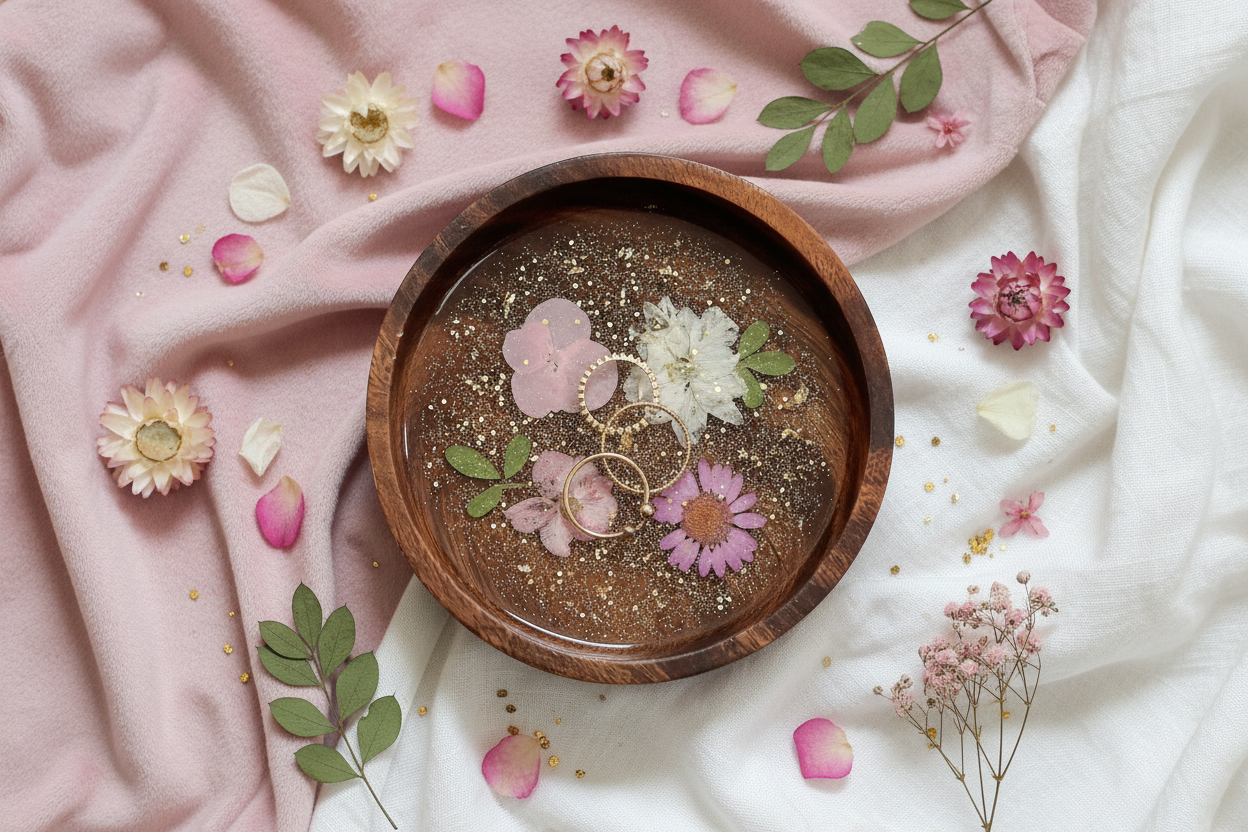 Floral Resin Wooden Trinket Dish — Handcrafted Keepsake Bowl