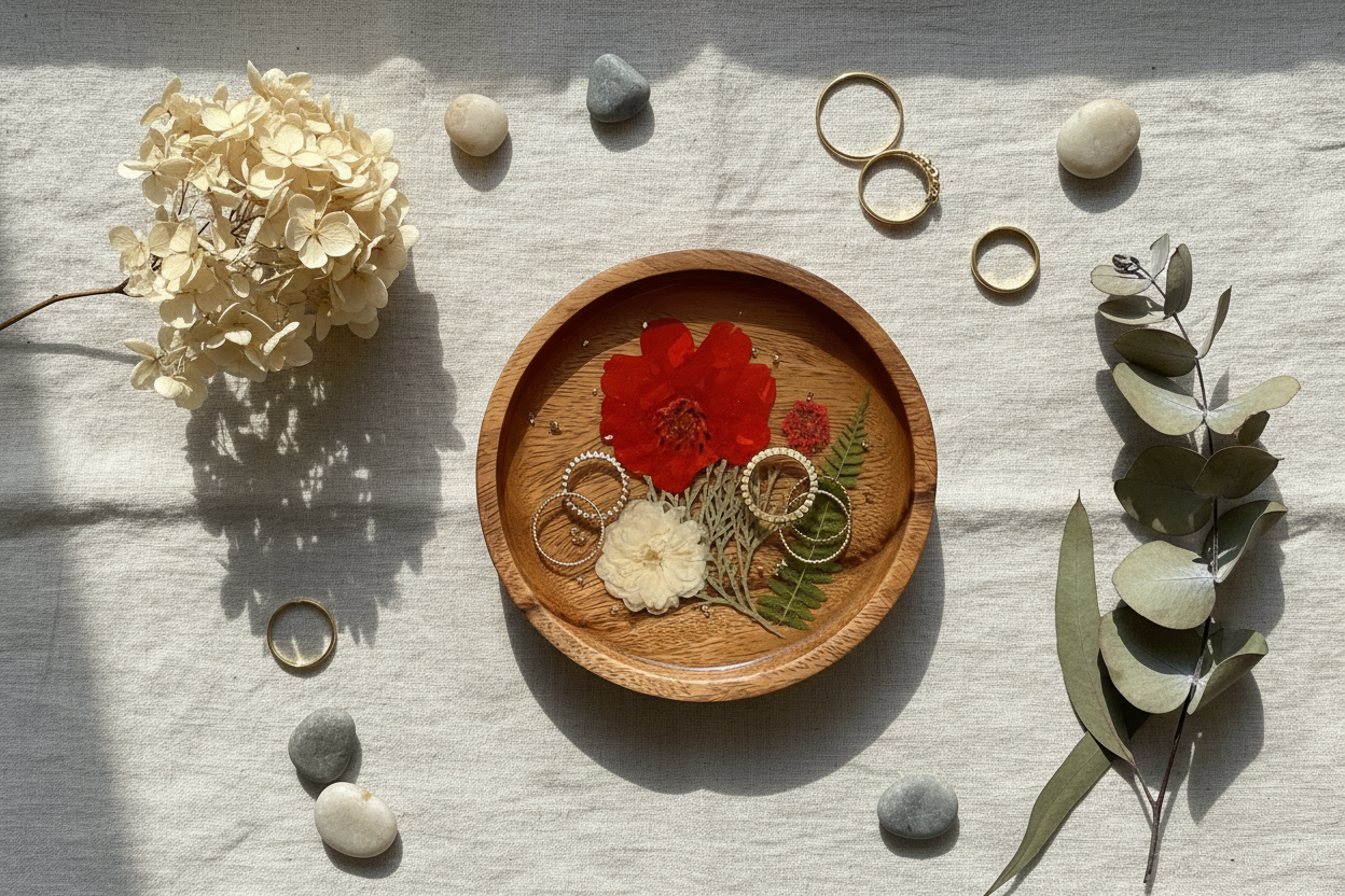 Floral Resin Wooden Trinket Dish — Handcrafted Keepsake Bowl