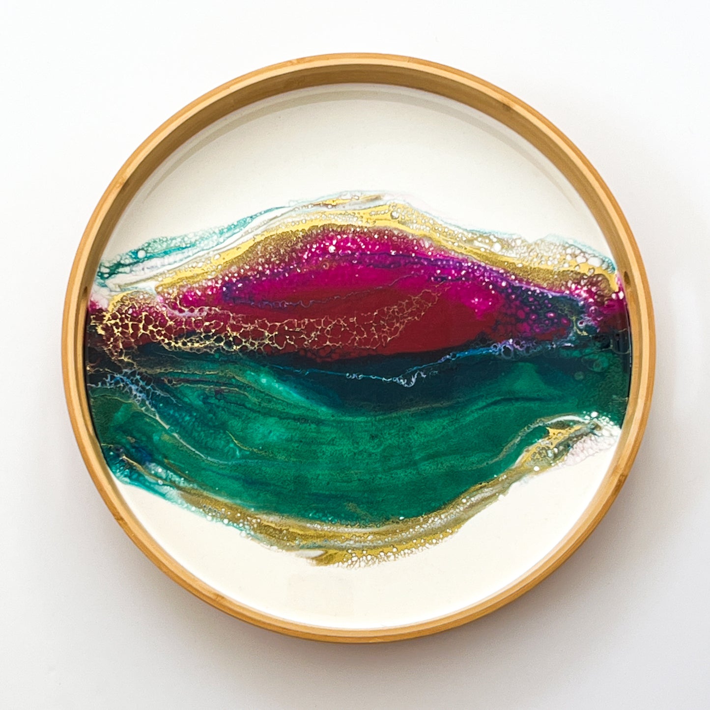 Geode Inspired Bamboo Tray- Peacock Maroon Green