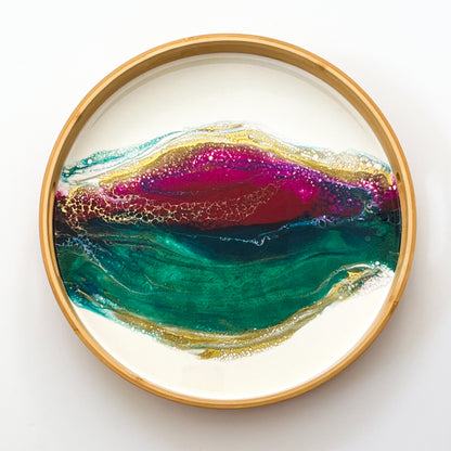 Geode Inspired Bamboo Tray- Peacock Maroon Green