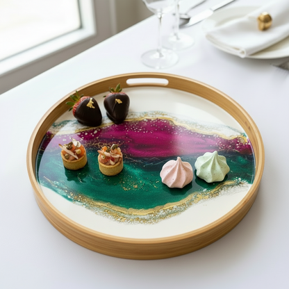 Geode Inspired Bamboo Tray- Peacock Maroon Green