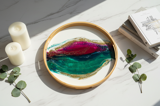 Geode Inspired Bamboo Tray- Peacock Maroon Green