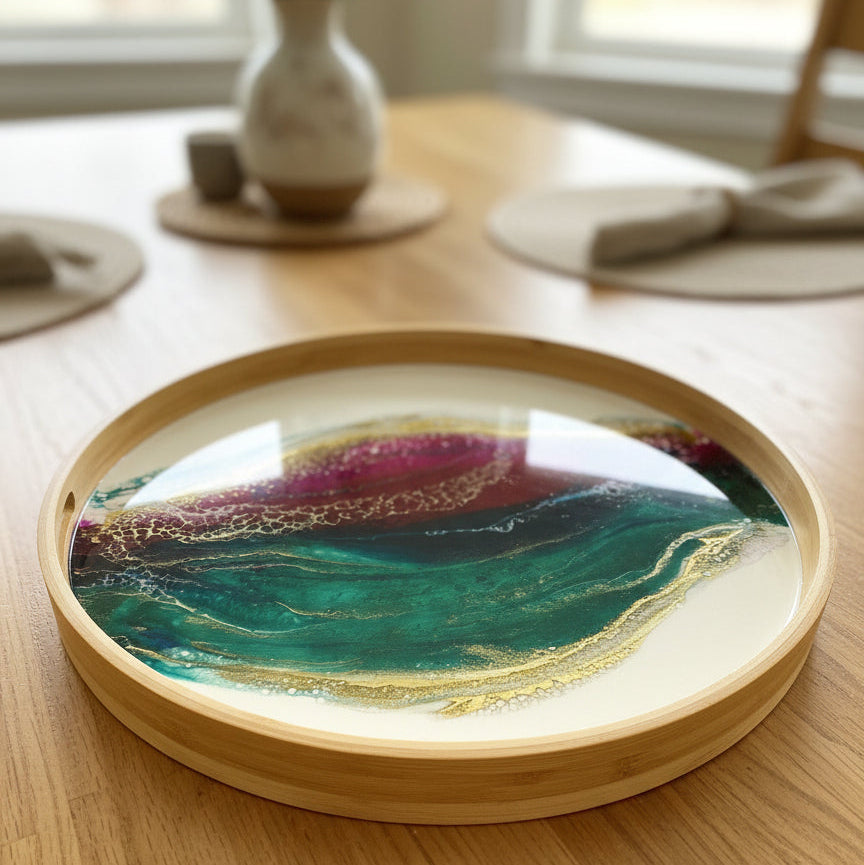 Geode Inspired Bamboo Tray- Peacock Maroon Green