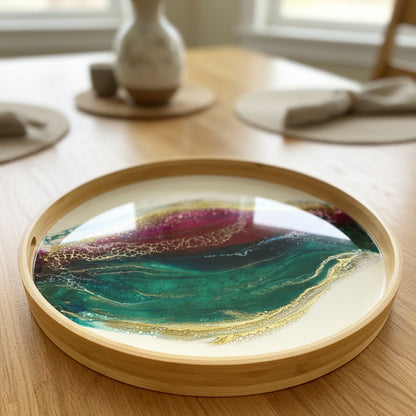 Geode Inspired Bamboo Tray- Peacock Maroon Green