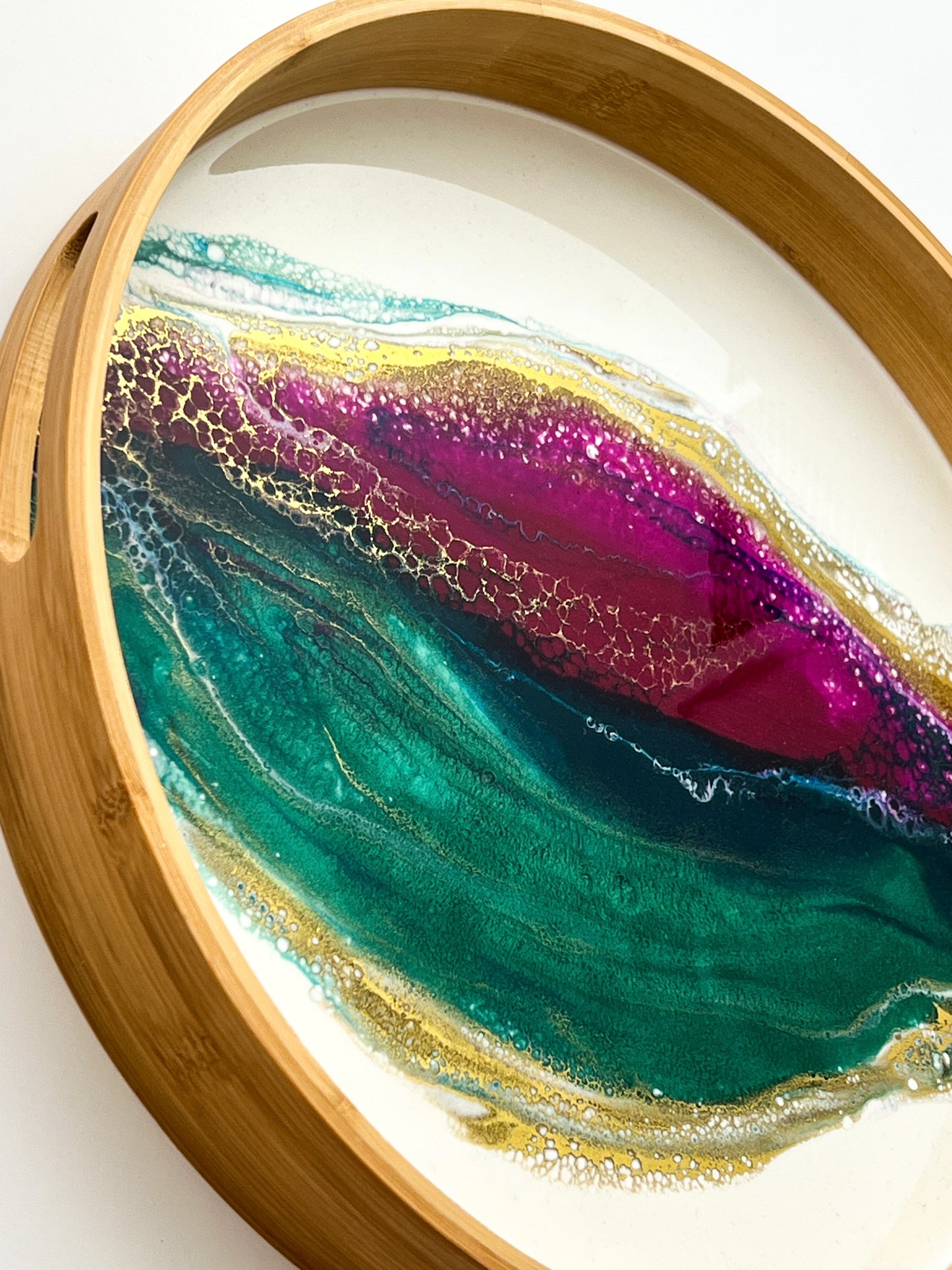 Geode Inspired Bamboo Tray- Peacock Maroon Green