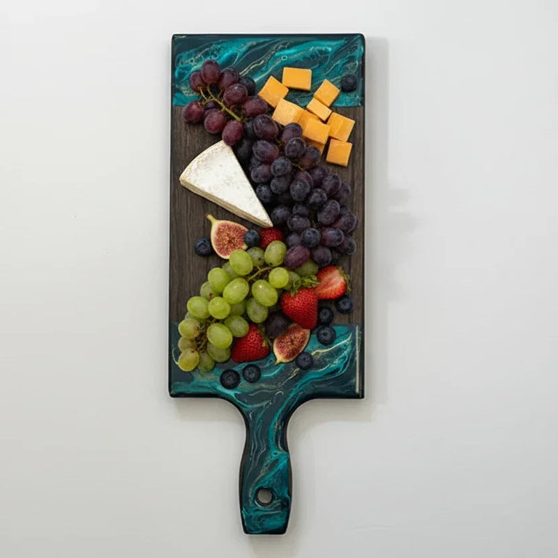 Deep Tide ocean-inspired resin charcuterie board with deep blue waves